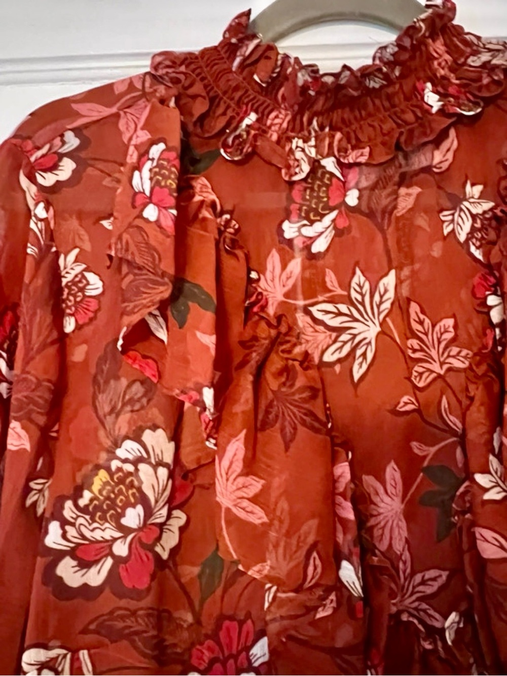 ELOQUII Floral Ruffle Neck Blouse Size 22 Sheer Boho Fall Top - Picture 5 of 10